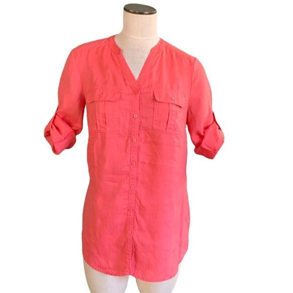 Nicole Miller Original Sz M Linen Button Front Blouse Roll Tab Coral Pink 200C - Picture 2 of 8